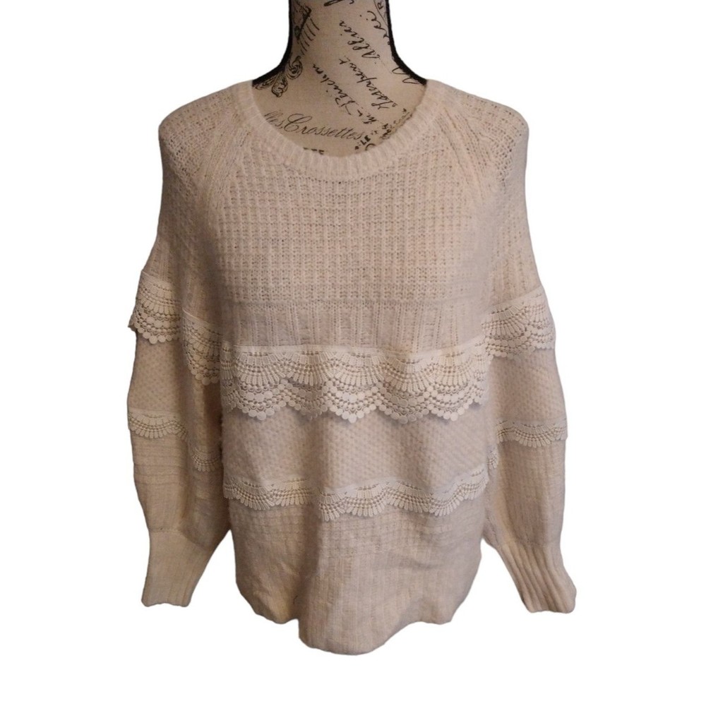 Express wool/alpaca puff sleeve embroidered ruffled sweater medium cream